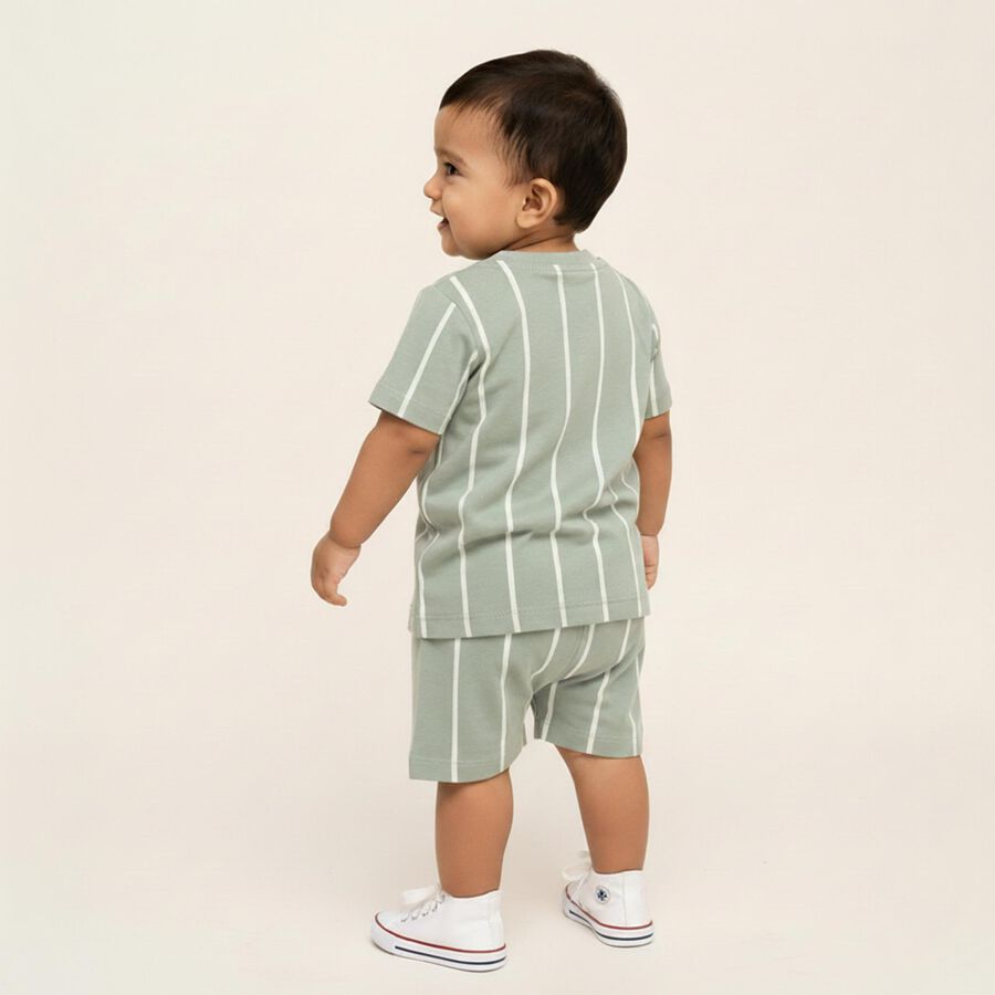 Infants' Light Green Cotton Round Neck Striped Baba Suit, Light Green, large image number null