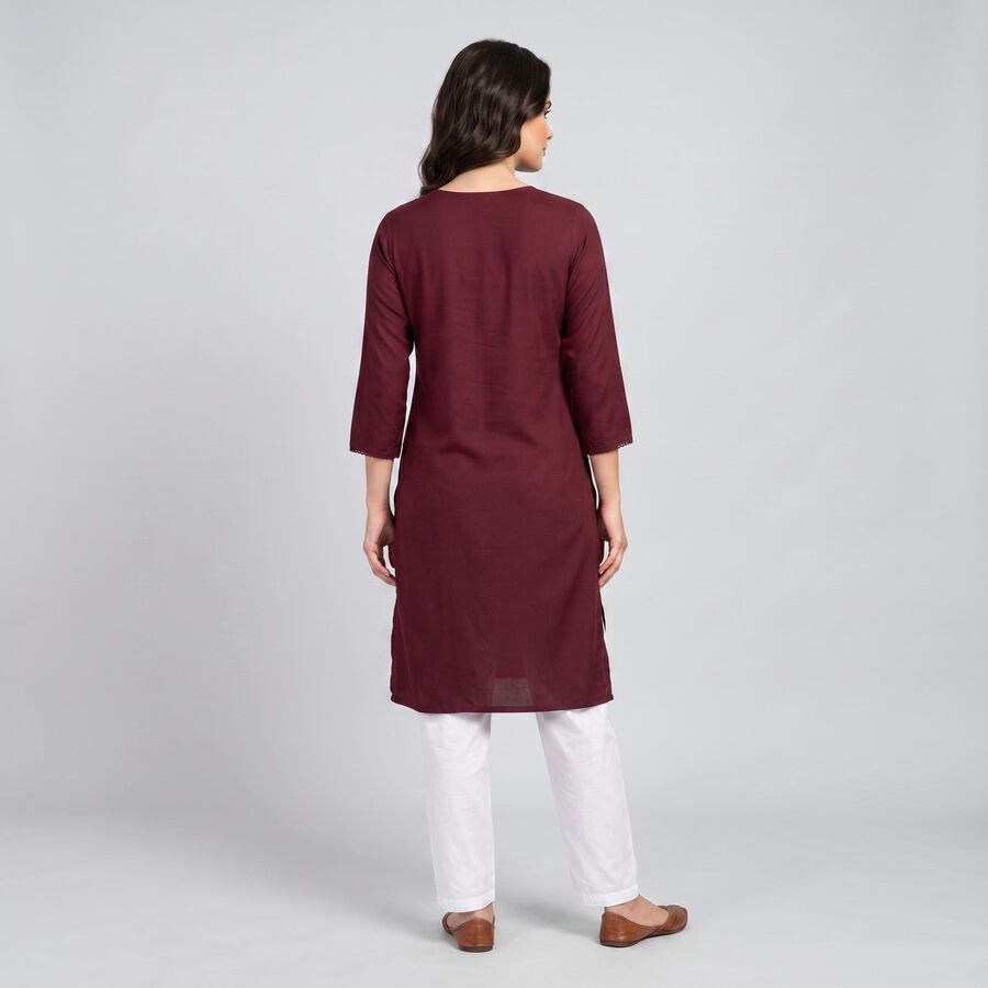 Women's Wine Round Neck Embroidered Kurta, Wine, large
