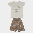 Boys Off-White Cotton Round Neck Graphic Baba Suit, Off White, small