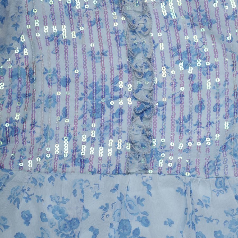 Girls' Blue Round Neck Sleeveless Tiered Dress, Mid Blue, large