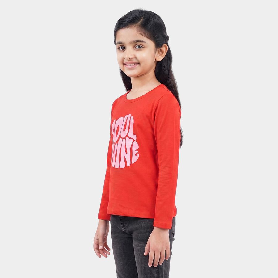 Girls Red Round Neck Regular Top, Red, large