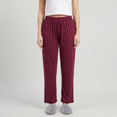 Women's Maroon Straight Fit Heart Printed Lounge Pyjama