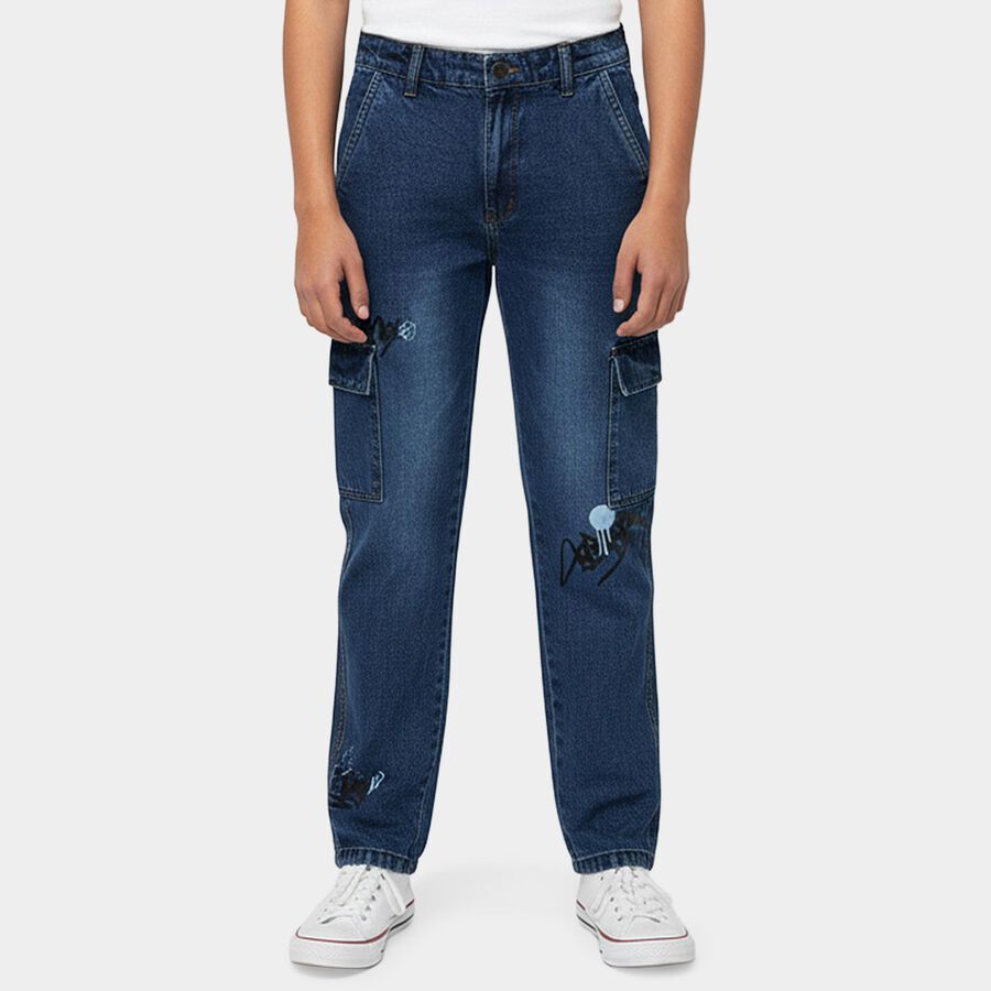 Boys' Blue Regular Fit Elastic Waist Jeans, Mid Blue, large