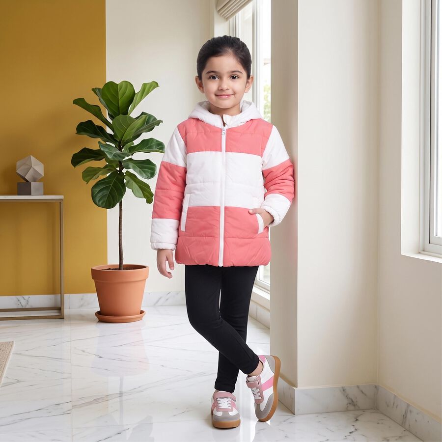 Girls Pink Hooded Puffer Jacket, Pink, large