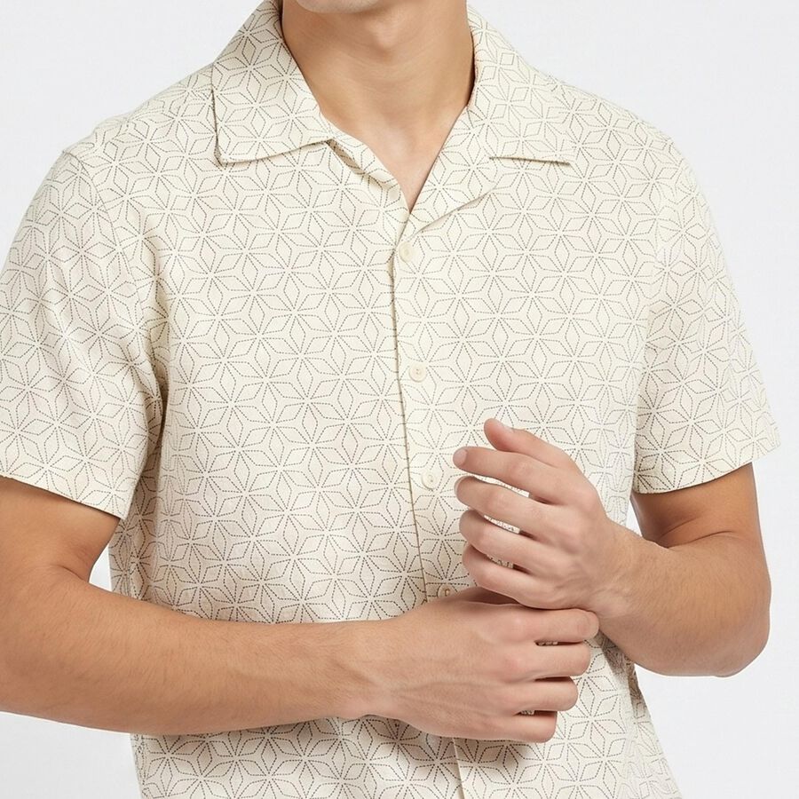 Men's Cream Short Sleeves Camp Collar Camp Collar Casual Shirt, ऑफ व्हाइट, large