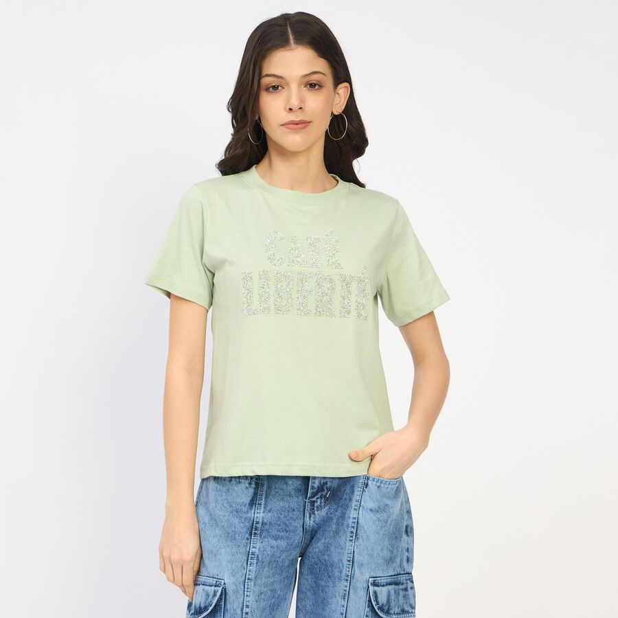 Ladies' 100% Cotton Round Neck T-Shirt, Light Green, large image number null