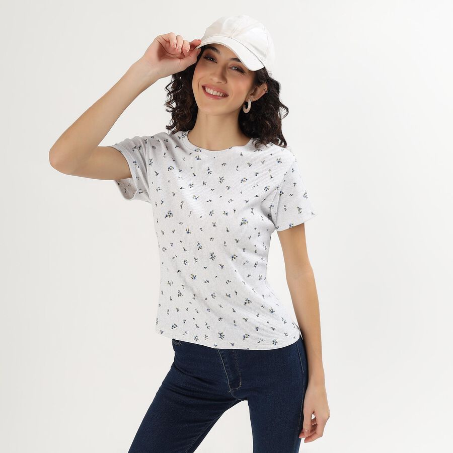 Women's Muted Sage Green Round Neck Casual T-Shirt, Melange Light Grey, large