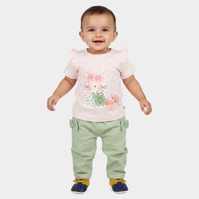 Infants Pink Cotton Round Neck T-Shirt Set Upper and Bottom Set