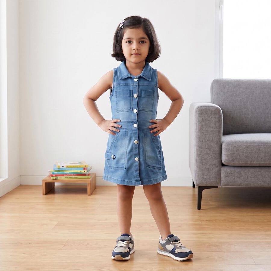Girls' Blue Shirt Style Sleeveless Button Front Frock, मध्यम नीला, large