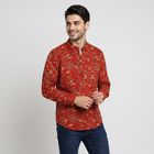 Men's Rust Cotton Mandarin Collar Floral Printed Kurta, रस्ट, small