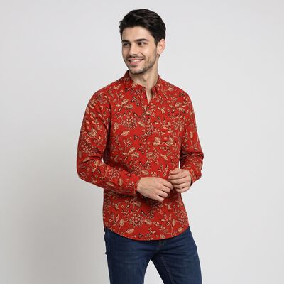 Men's Rust Cotton Mandarin Collar Floral Printed Kurta