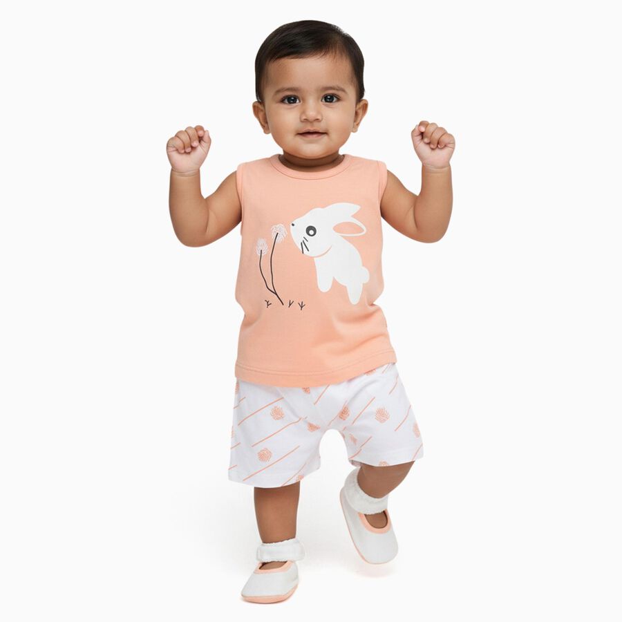 Infant Peach Cotton Sleeveless Casual Shorts Set, Peach, large