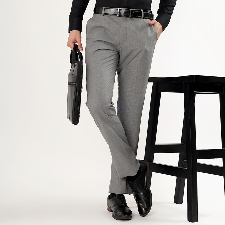 Men's Light Grey Slim Fit Flat-Front Formal Trousers, Light Grey, large