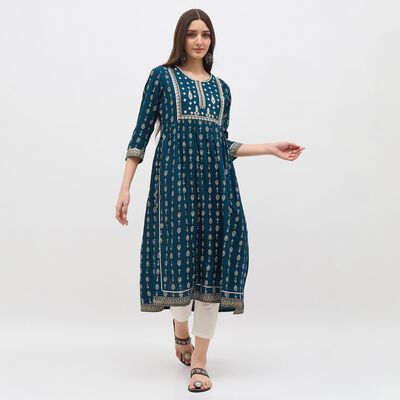 Women's Deep Teal Blue Round Neck Embroidered Kurta