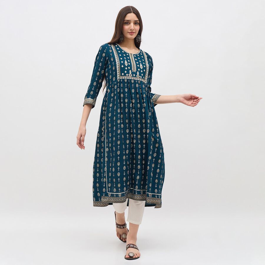 Women's Deep Teal Blue Round Neck Embroidered Kurta, टील ब्लू, large image number null