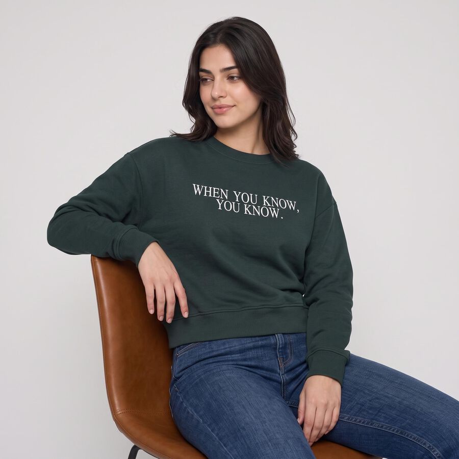 Women Green Crew Neck Graphic Print Sweatshirt, गहरा हरा, large