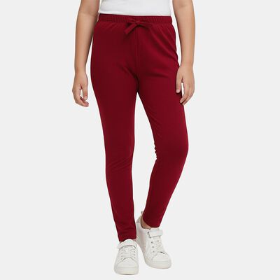 Girls' Red Slim Fit Solid Cotton Blend Legging