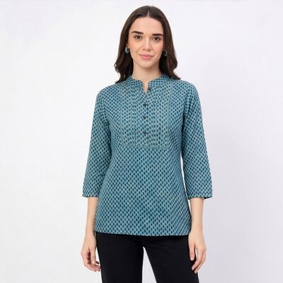 Women's Teal Mandarin Collar Geometric Printed Kurti