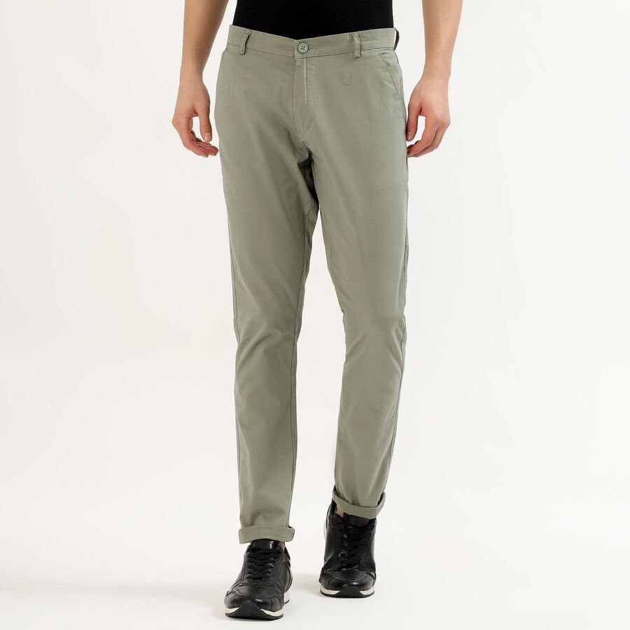 Men's Muted Olive Green Slim Fit Flat-Front Casual Trousers, Light Green, large