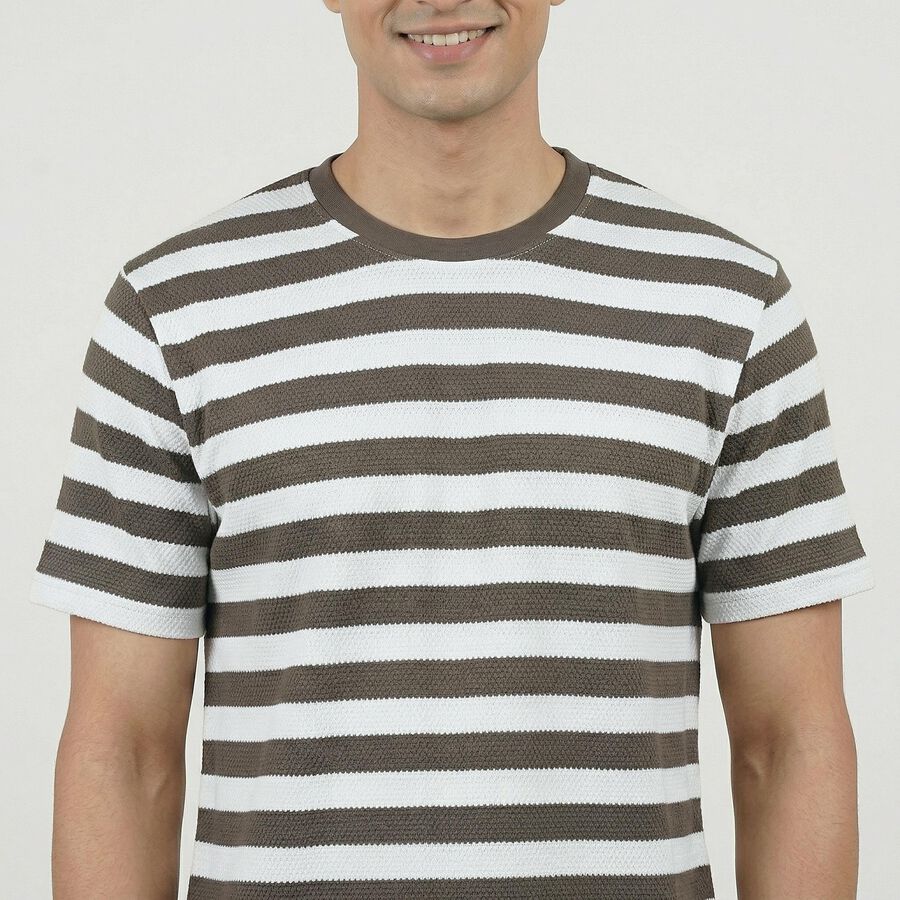 Men's Khaki Round Neck Casual T-Shirt, Khaki, large