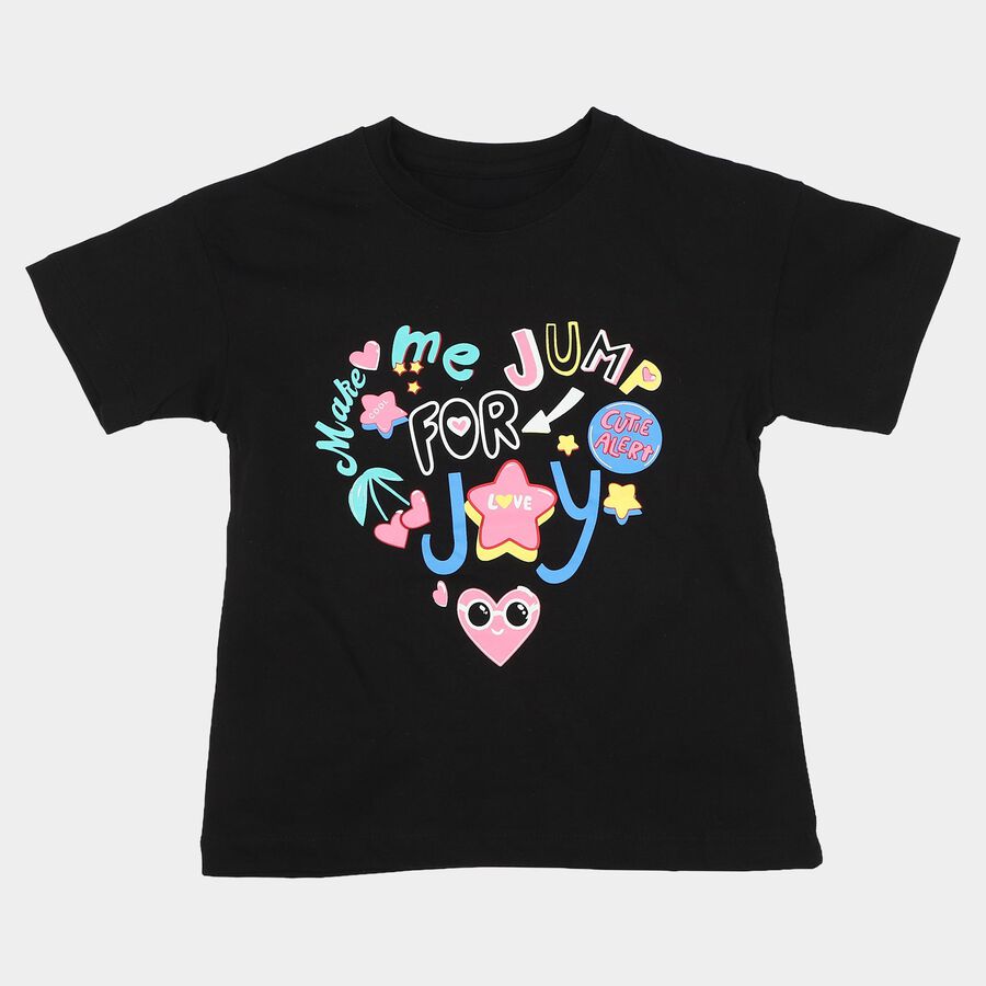 Girls Black Cotton Round Neck Regular T-Shirt, काला, large