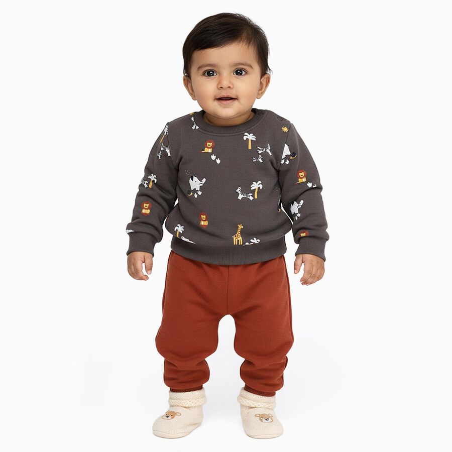 Infants' Dark Grey Round Neck Animal Print Baba Suit, Dark Grey, large image number null