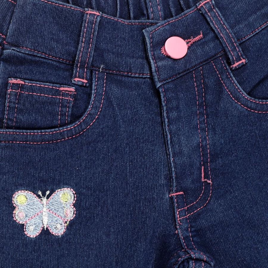 Girls' Dark Indigo Slim Fit Butterfly Embroidered Jeans, गहरा नीला, large image number null