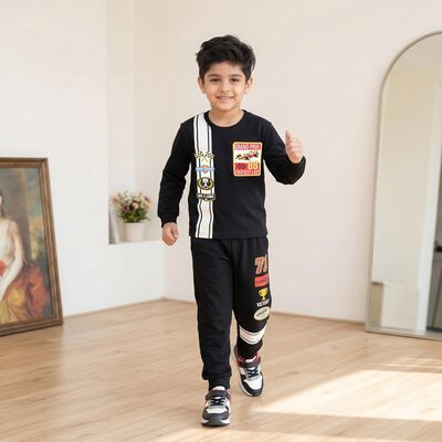 Boys' Black Round Neck Graphic Baba Suit