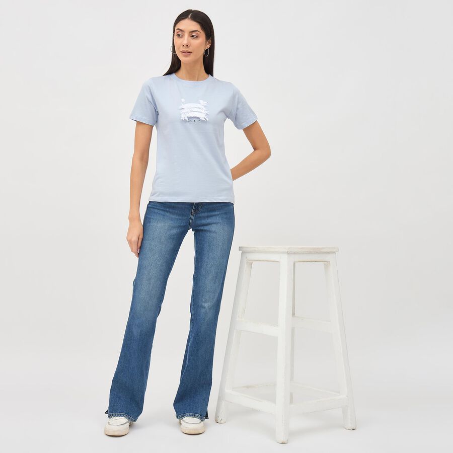 Women's Light Blue Cotton Round Neck T-Shirt, Light Blue, large image number null