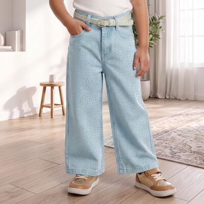 Girls' Light Blue Wide Leg Studded Jeans