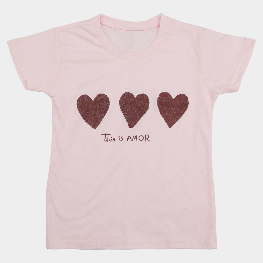 Girls Pink Round Neck Graphic Print Regular T-Shirt, गुलाबी, large