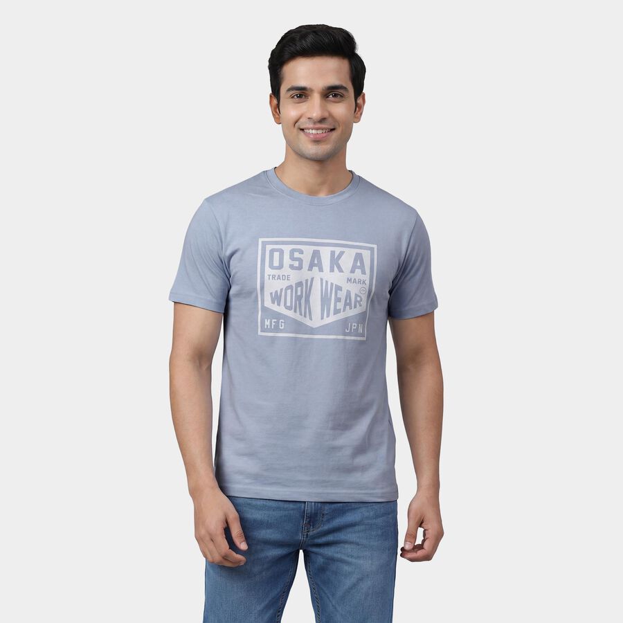 Men's Blue Round Neck Casual T-Shirt, Sky Blue, large