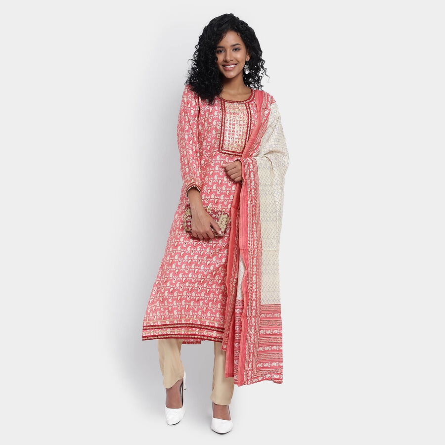 All Over Print 3/4th Sleeves Flared Kurta, Coral, large image number null