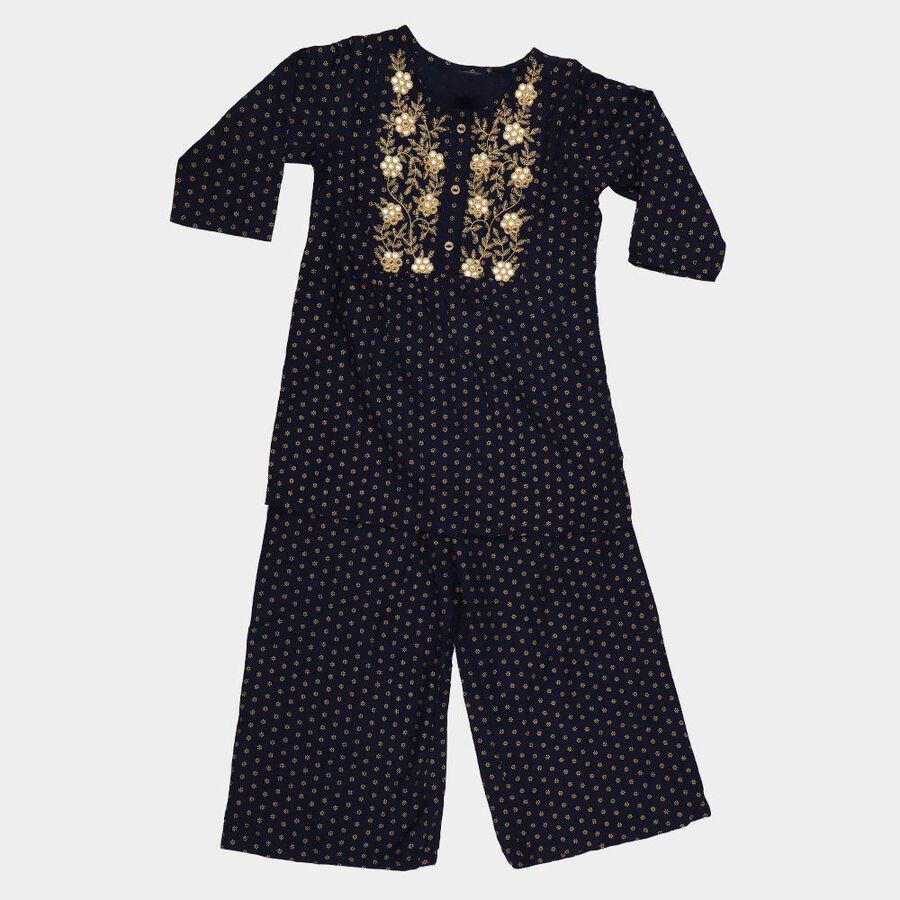 Girls Navy Blue Round Neck Embroidered Kurta and Palazzo Fusion Set, नेवी ब्लू, large