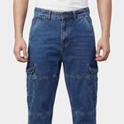 Men's Blue Regular Fit Washed Jeans, Dark Blue, small