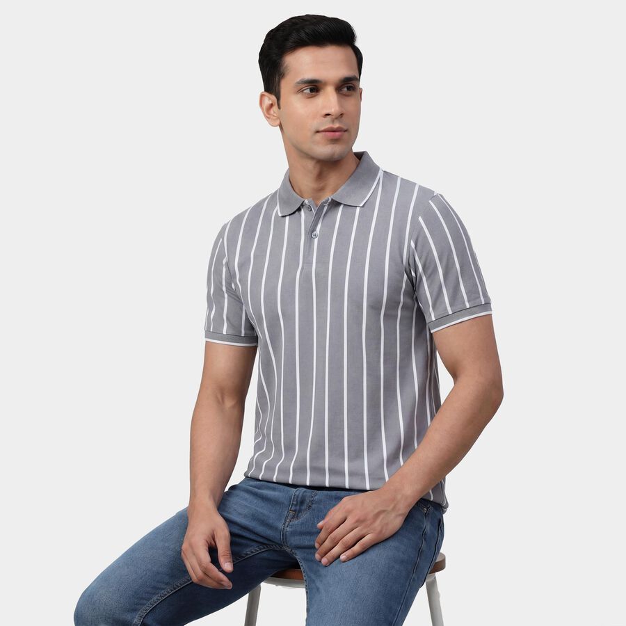 Men's Blue Polo Neck Preppy Collared T-Shirt, मध्यम नीला, large
