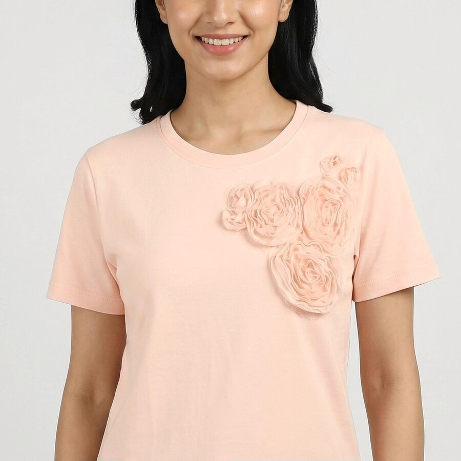 Women's Light Pink Round Neck Casual T-Shirt, Light Pink, large