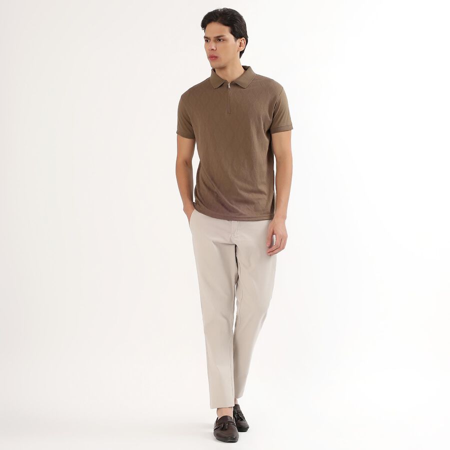 Men's Light Beige Slim Fit Flat-Front Casual Trousers, सिल्वर, large image number null