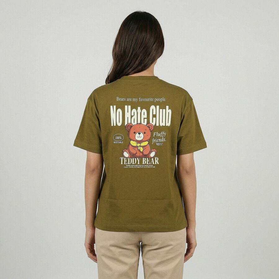 Women's Olive Green Cotton Round Neck Casual T-Shirt, Olive, large