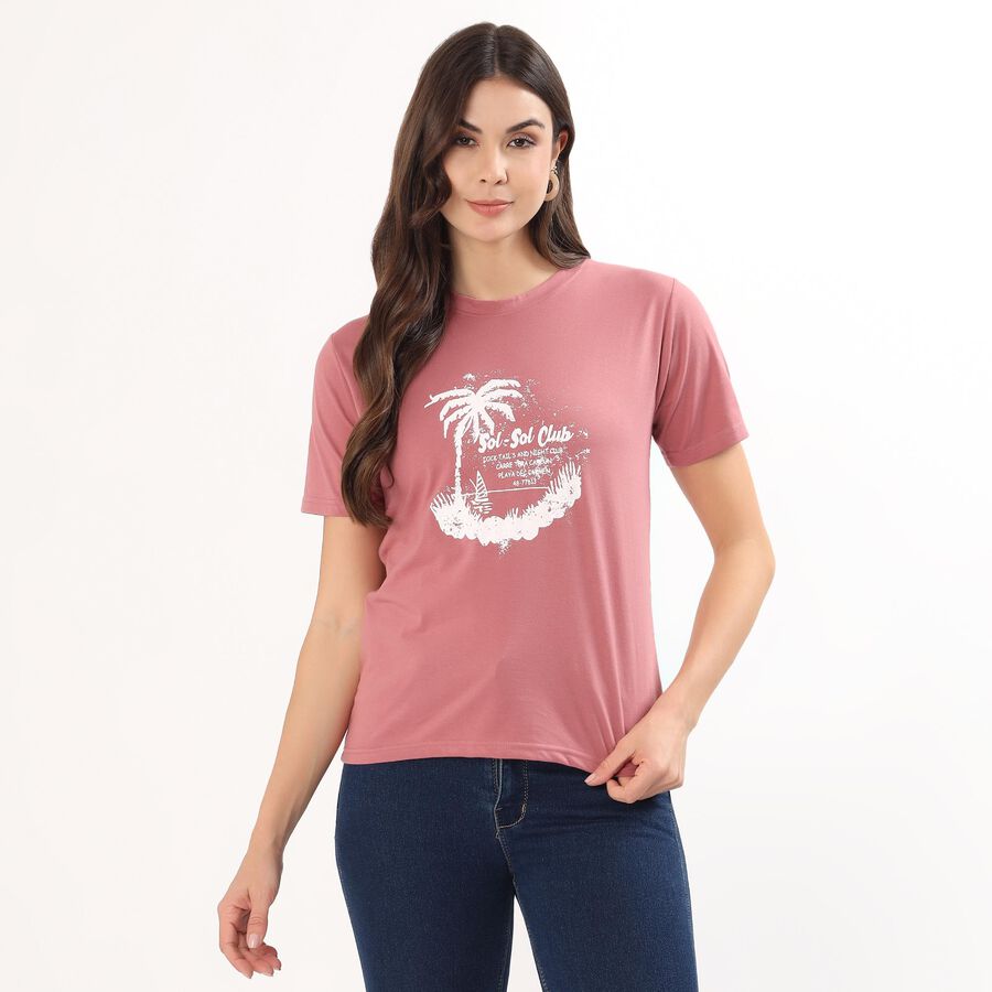 Women's Bright Purple Round Neck Casual T-Shirt, Purple, large