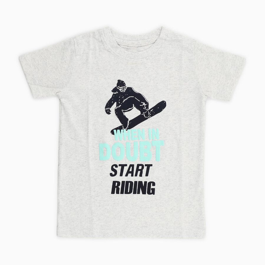 Boys Light Grey Round Neck Casual T-Shirt, Ecru Melange, large image number null