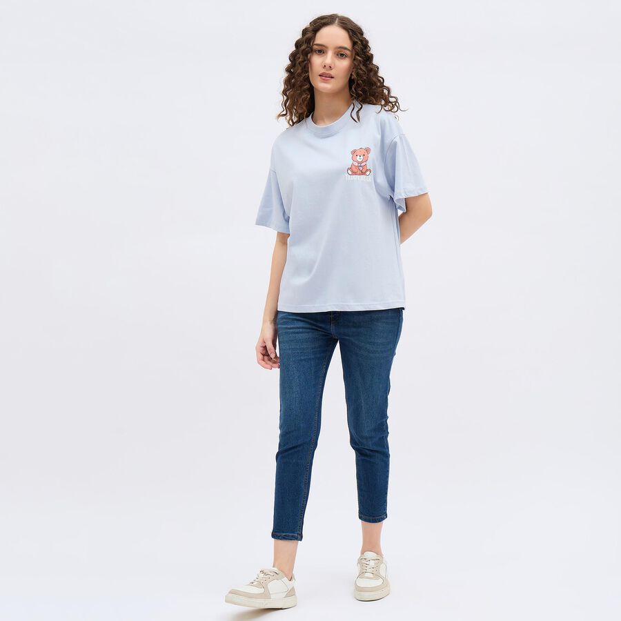 Women's Light Powder Blue Cotton Round Neck Casual T-Shirt, हल्का नीला, large image number null