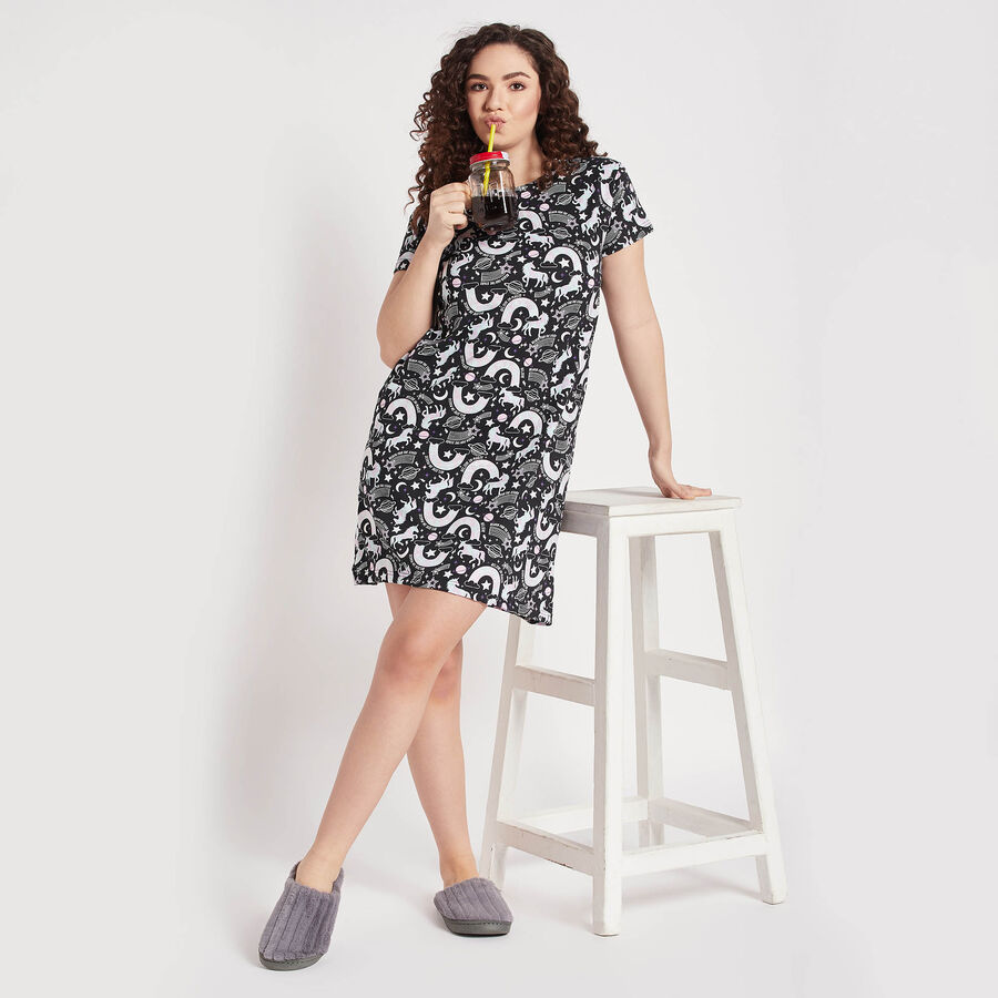All Over Print Knee Length Nighty, काला, large image number null