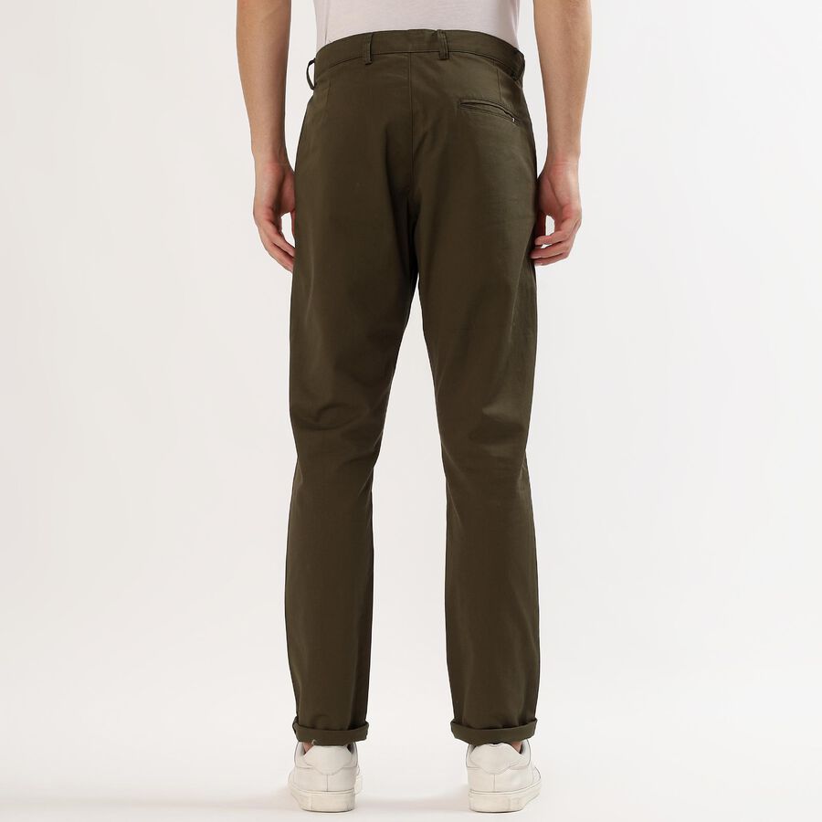 Men's Muted Olive Green Slim Fit Flat-Front Casual Trousers, Olive, large image number null