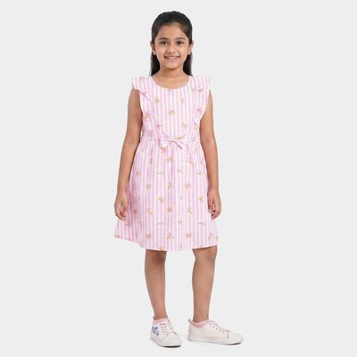 Girls' Lilac Striped Floral Printed Fit and Flare Frock