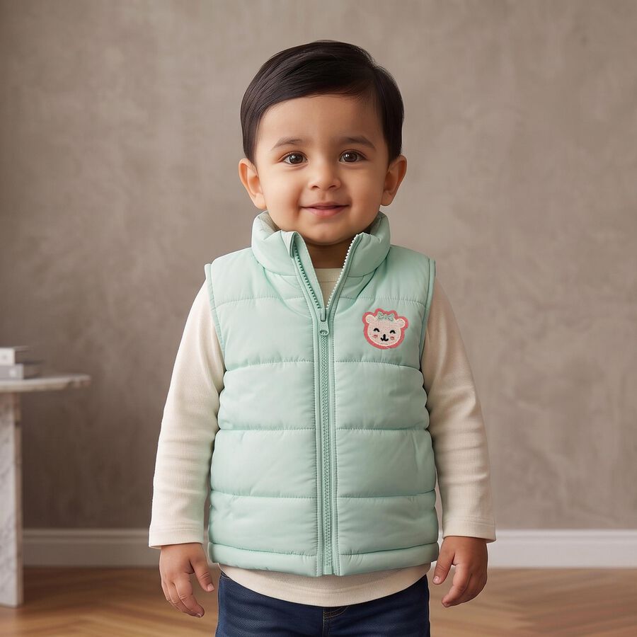Infants Mint Green Stand Collar Puffer Jacket, Light Green, large