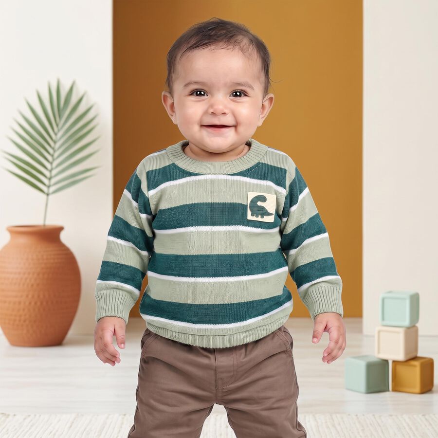 Infants' Olive Green Crew Neck Striped Pullover, ओलिव, large