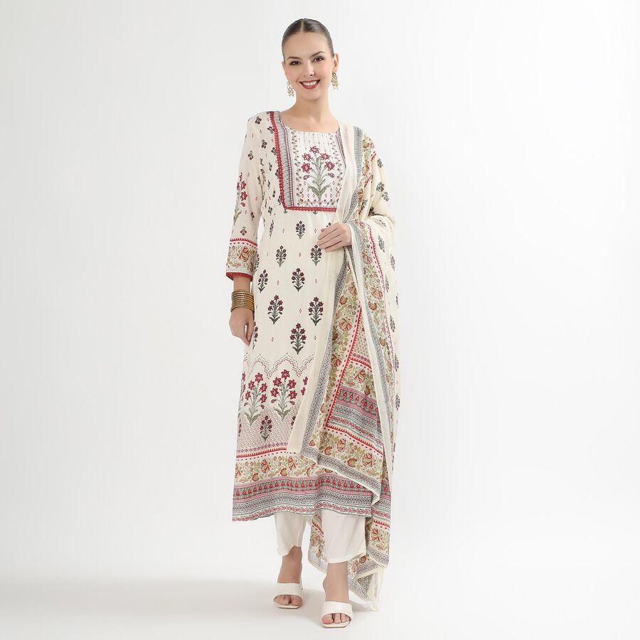 Women's Eggshell White Floral Printed Ethnic Set, ऑफ व्हाइट, large image number null