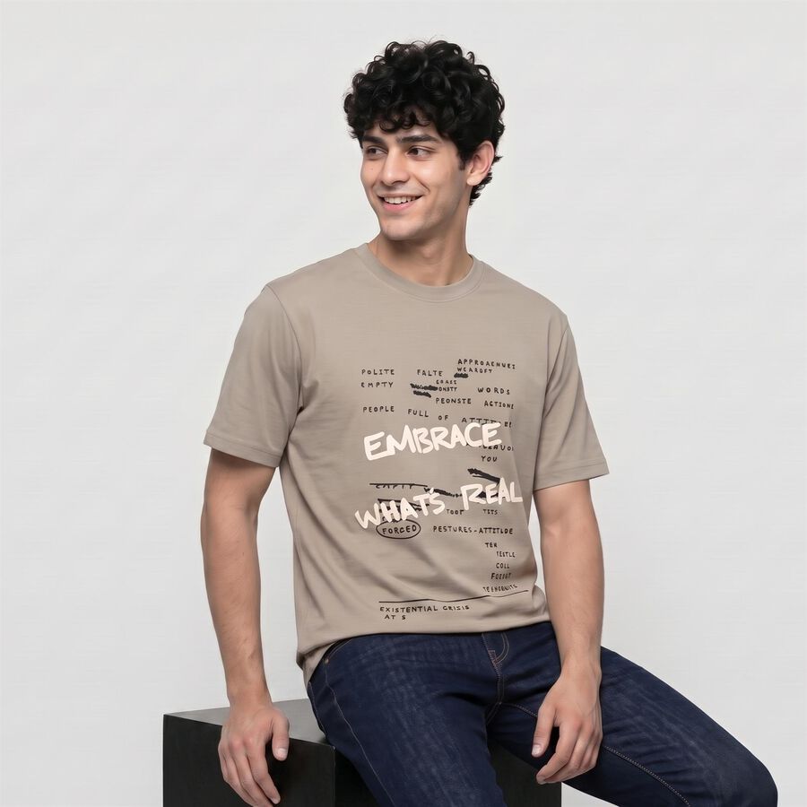 Men Grey Round Neck Regular T-Shirt, हल्का ग्रे, large