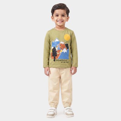 Boys Olive Green 100% Cotton Round Neck Graphic Print Baba Suit
